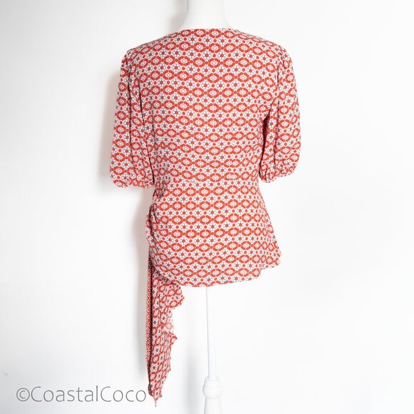 Sachin & Babi Wrap Blouse Top 8 Floral Asymmetric Puff Sleeve Retro Artsy Boho - Picture 4 of 14